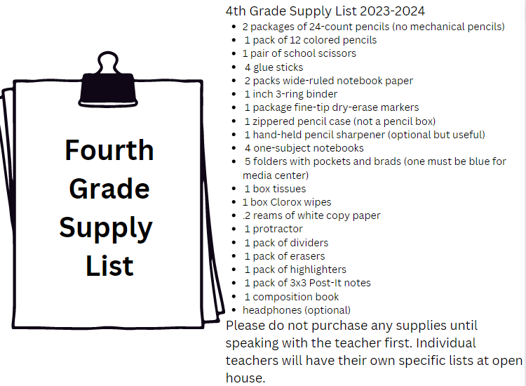  4th grade Supply List